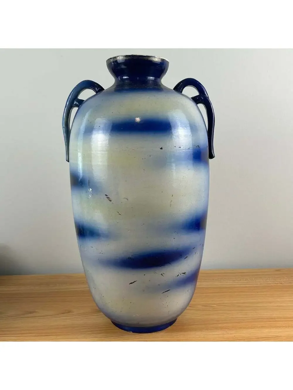 Japanese Early 1900s Art Pottery Cobalt Blue Moriage Scenic Panel Floor Vase